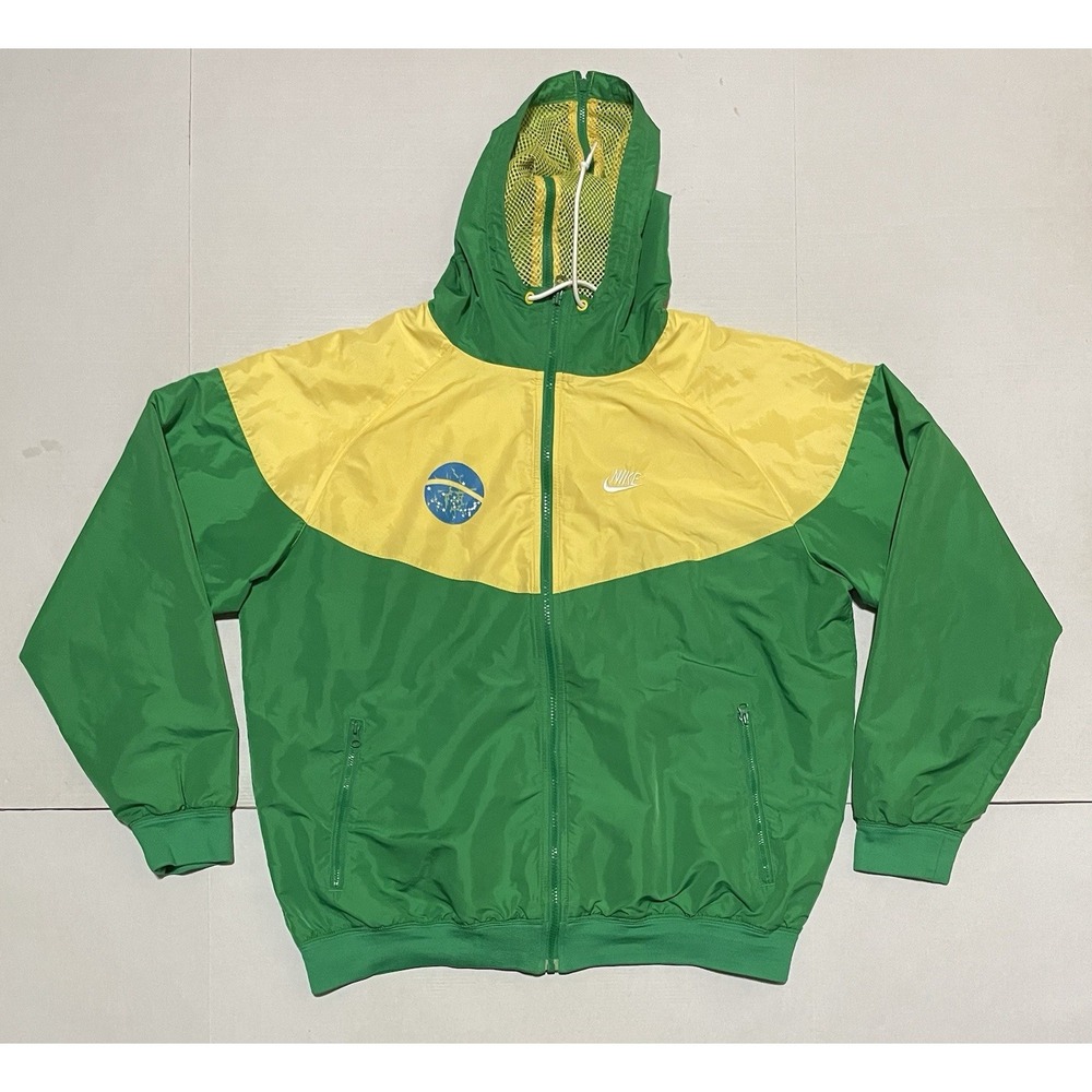 Vintage Nike Brazil Green Yellow Hooded Windbreaker Jacket Mens Large Vents